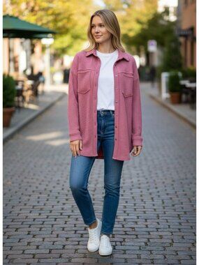 Aerie Womens Pink Waffle Knit Button-Up Long Sleeve Shirt Jacket XXS Cotton Blen